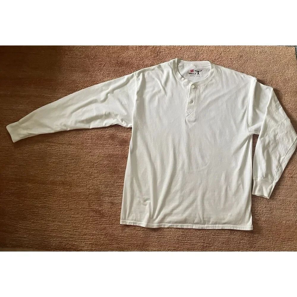 Hanes Beefy T White Henley Long Sleeve Shirt XL 100% Cotton Made in Honduras